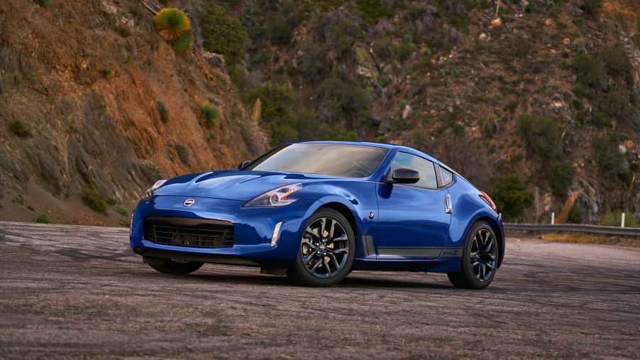 2020 Nissan 370Z parked by the side of a canyon road.