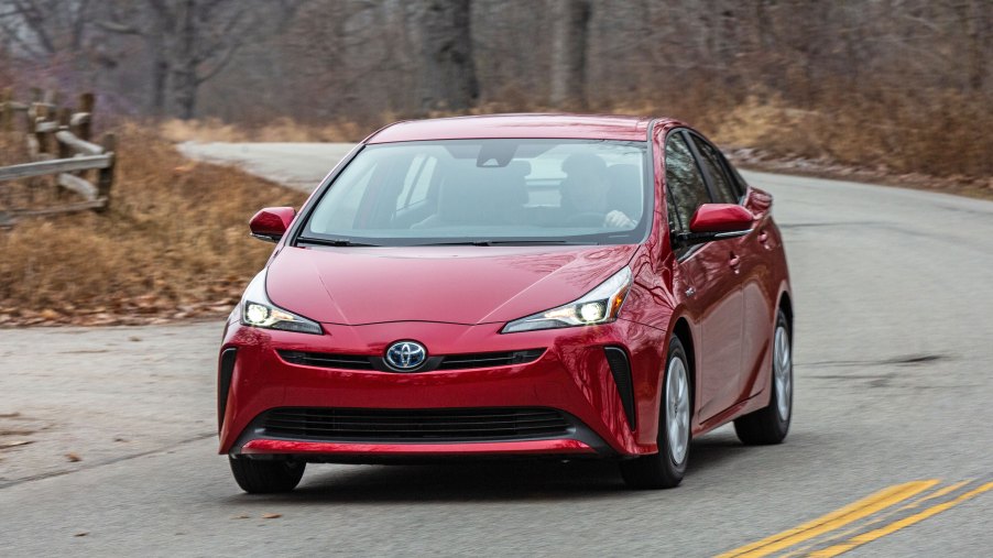 Front view of a red 2019 Toyota Prius.