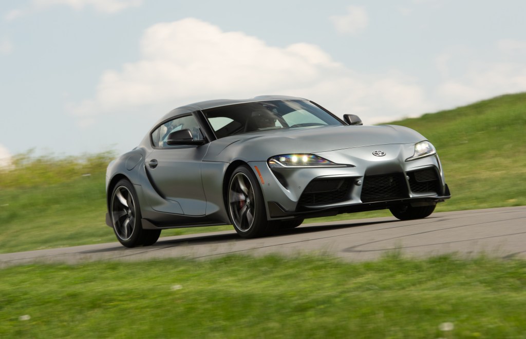 A gray 2020 Toyota Supra on the track.