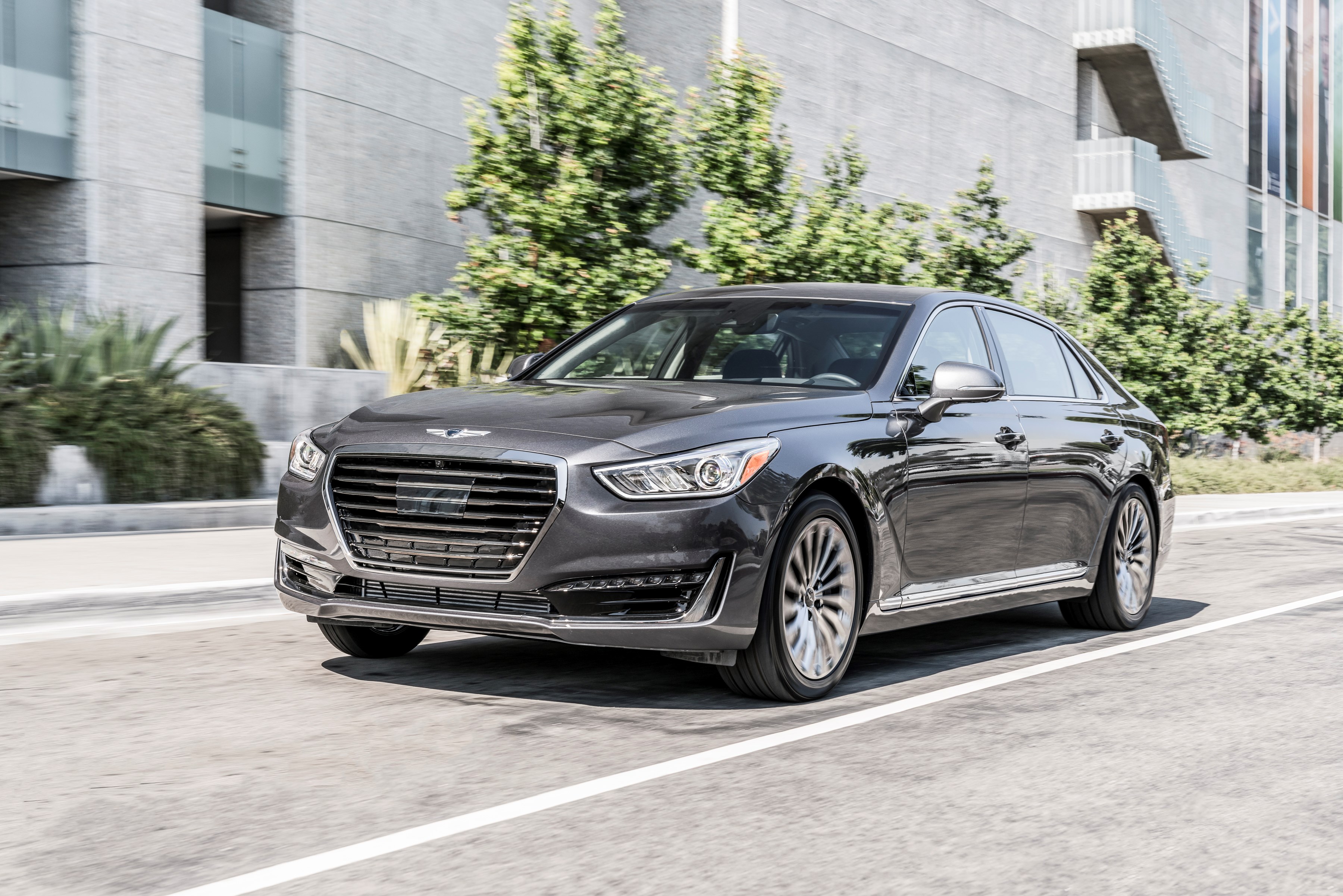 The G90's front bumper is sleek and stylish.