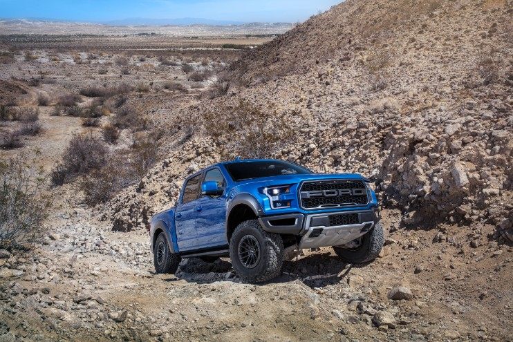 this blue 2019 Ford F-150 Raptor is a great rock crawler, but it can also tote a family.