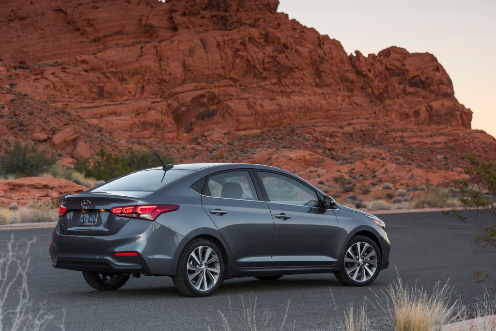Gray 2018 Hyundai Accent parked on the road in the mountains 