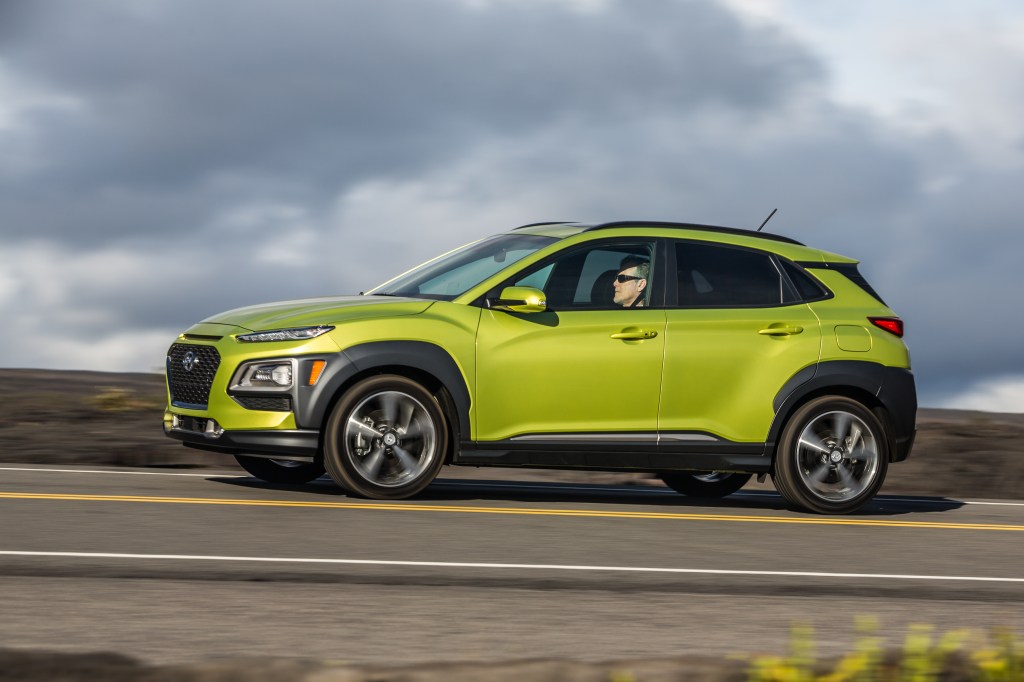 A 2020 Hyundai Kona driving in the country