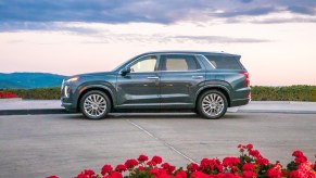 A blue 2020 Hyundai Palisade parked near a bed of red roses.