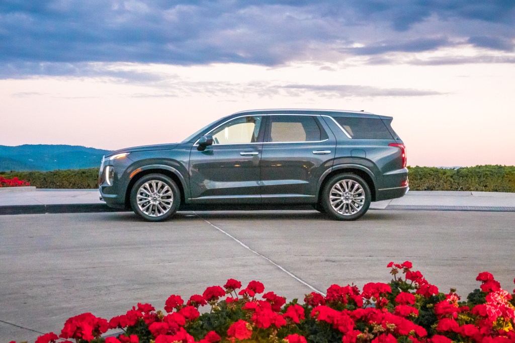 A blue 2020 Hyundai Palisade parked near a bed of red roses.