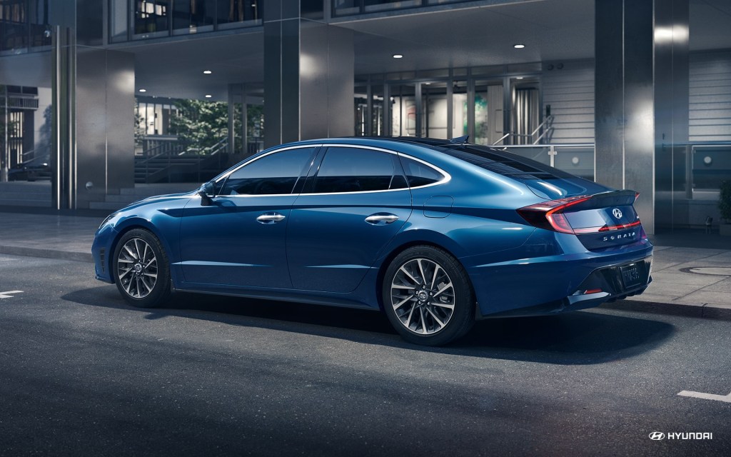 Blue 2020 Hyundai Sonata, side view of the sedan