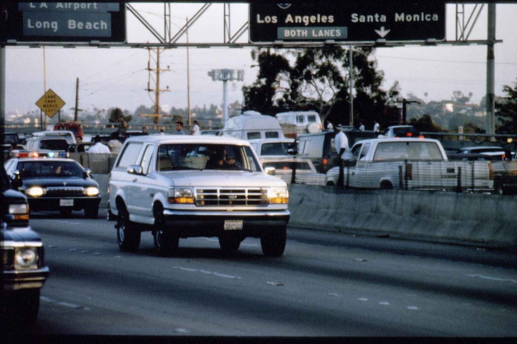 The white Ford Bronco carrying O.J. Simpson driving on the freeway in 1994