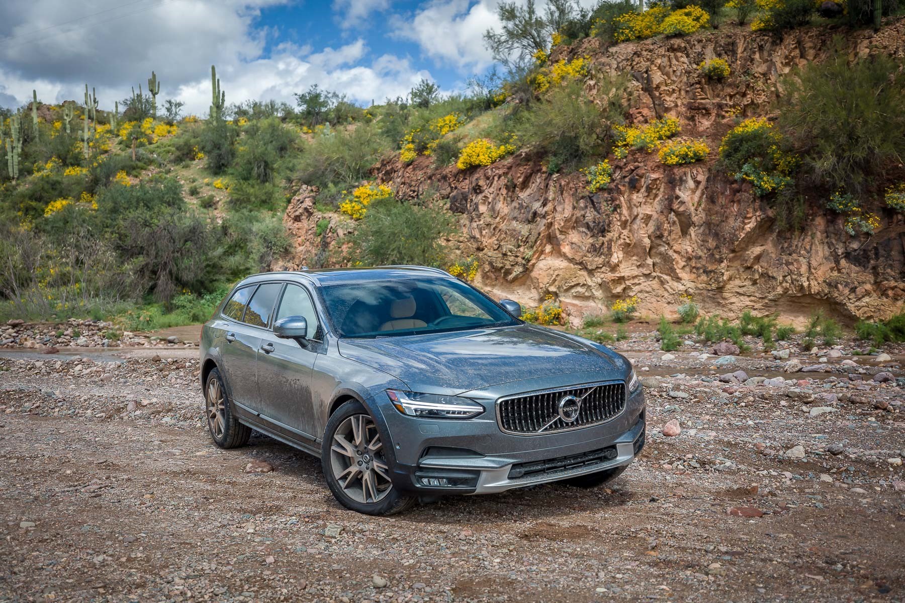 A grey Volvo V90 parked near the forest.