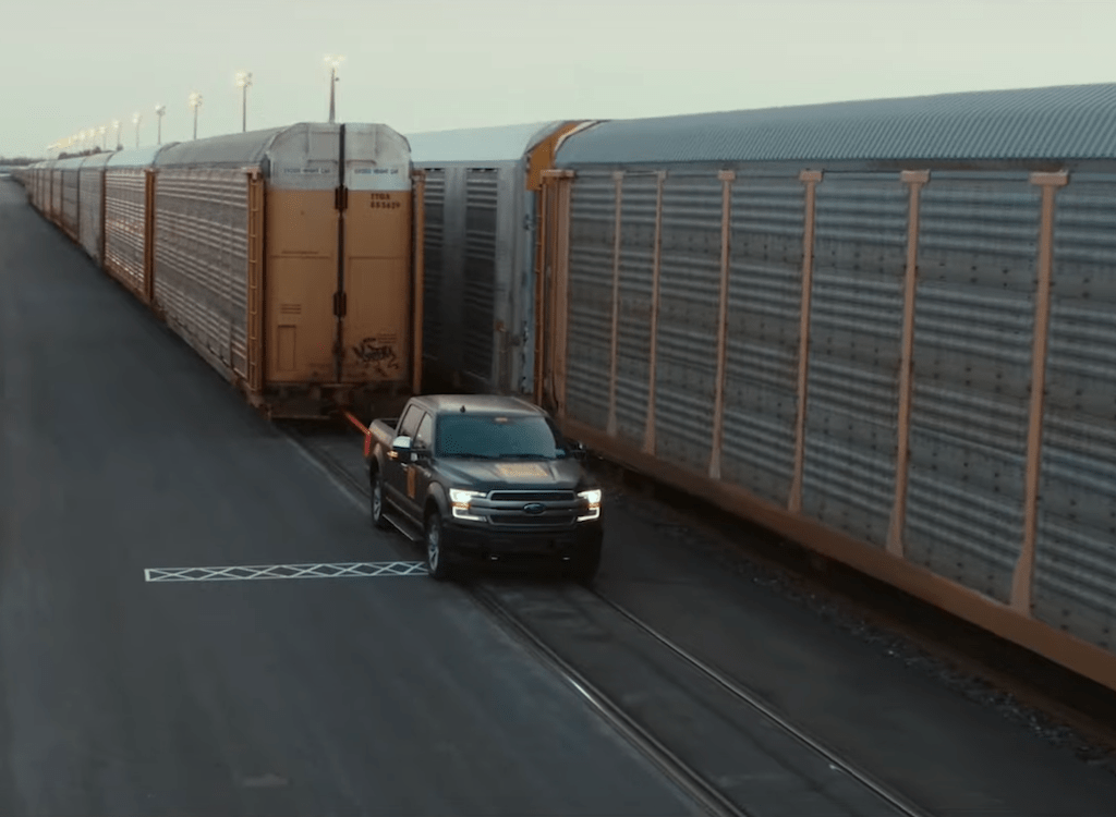 Ford F-150 EV hauling a train