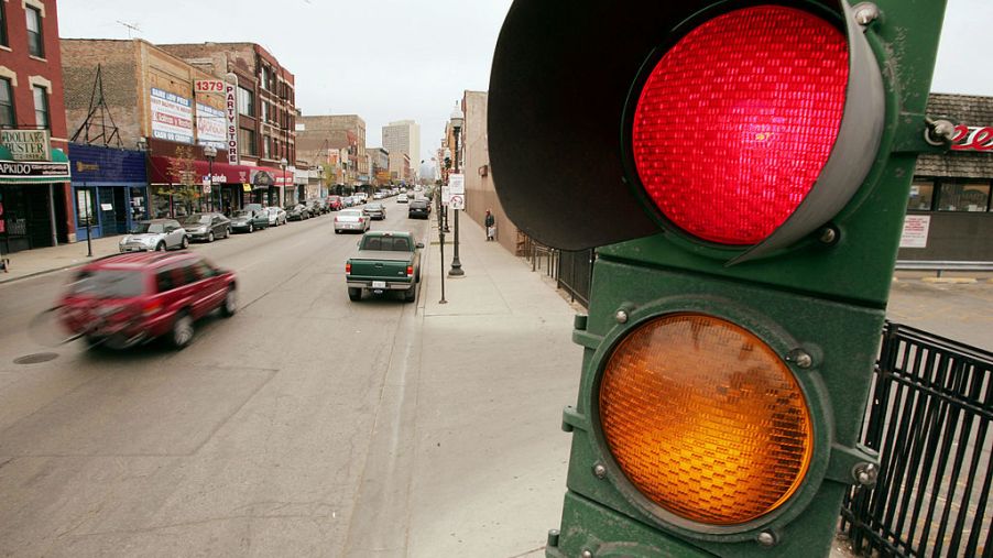 A traffic light, or stoplight, directs traffic at an intersection.