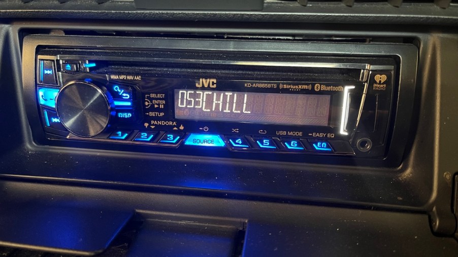 An aftermarket radio installed in a car.