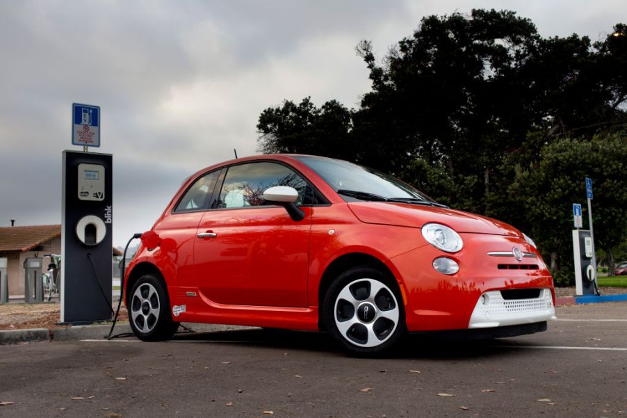 Fiat 500e electric car at a charging station