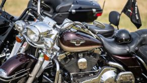 Harley-Davidson motorcycles parked for a press shoot.