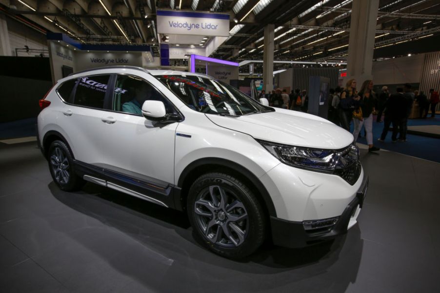 The Japanese car manufacturer Honda displays the Honda CR-V Hybrid compact crossover SUV
