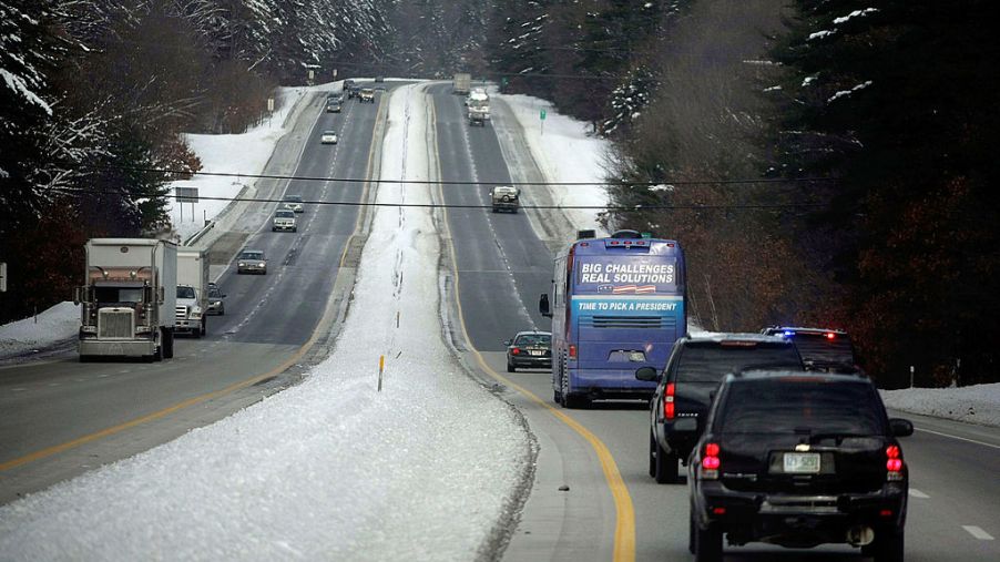 A highway in New Hampshire. The cheapest state to own a car.