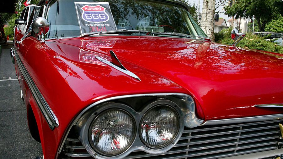 Close up of a red classic car that was featured in a movie about the deadliest car in America