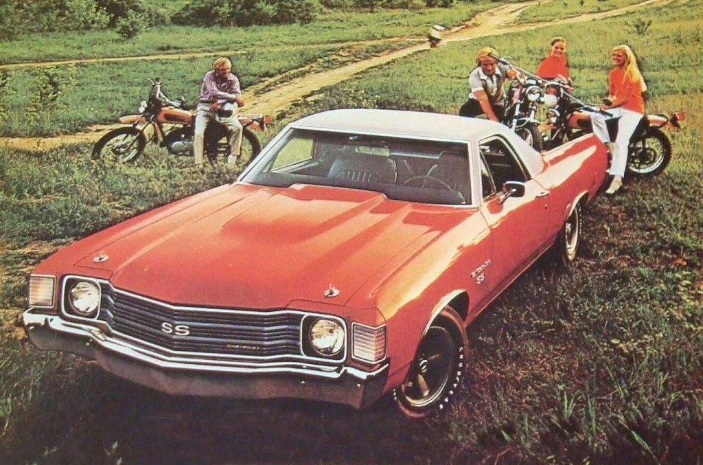 A yellow 1972 El Camino lends aid to motorcyclists in the field