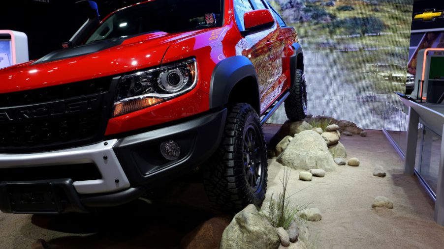 A 2019 Chevrolet Colorado pickup truck on display at an auto show