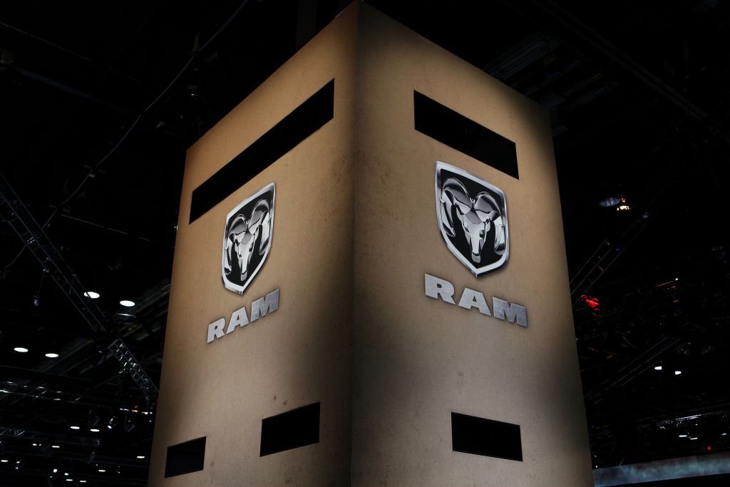 Two Dodge Ram banners hung up at an auto show.
