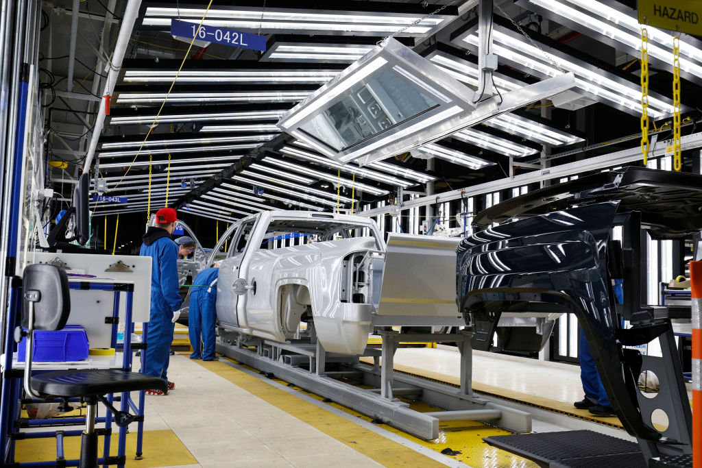The assembly line at the General Motors Flint Assembly Plant where the new 2020 Chevy Silverado HD is being built