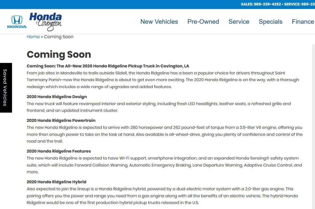 Screenshot of Honda of Covington's "Coming Soon" webpage, taken on October 3rd, 2019