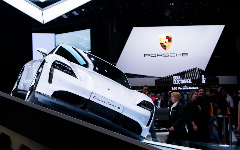 A brand new Porsche Taycan on display.