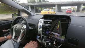 A self-driving taxi tests the highway in Moscow, Russia