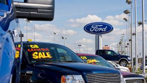 A used Ford F-150 truck for sale on a dealer's lot.