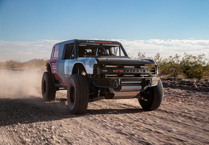 2021 Bronco R Prototype Baja 1000 racing through desert sand