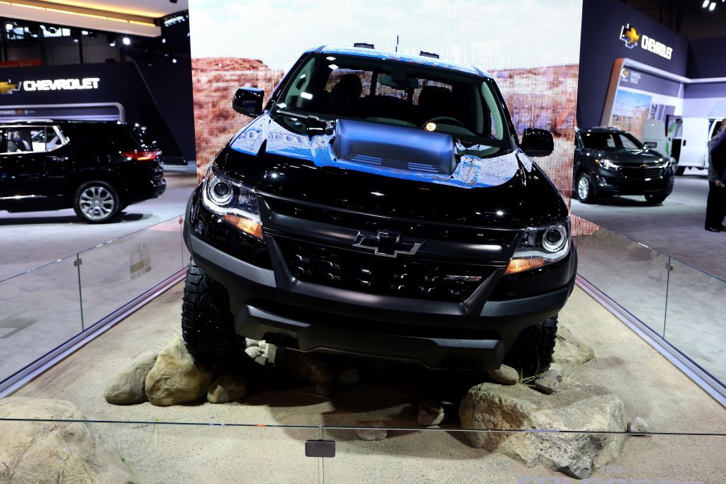 A Chevy Colorado pickup truck on display.