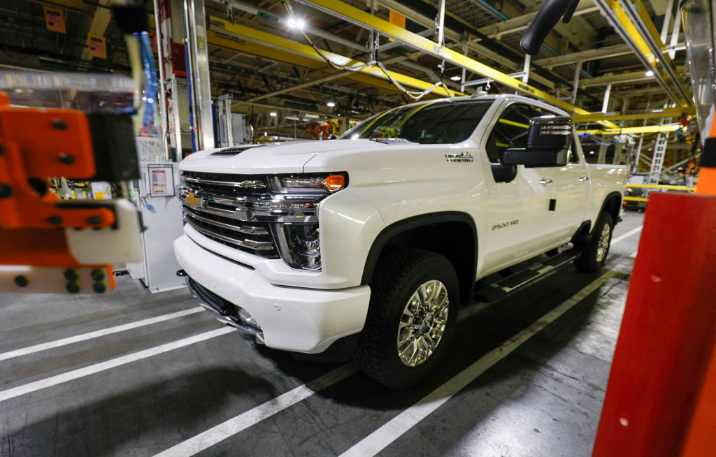 A Chevy SIlverado being assembled at a GM plant.