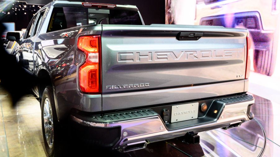 A Chevy Silverado on display at an auto show.