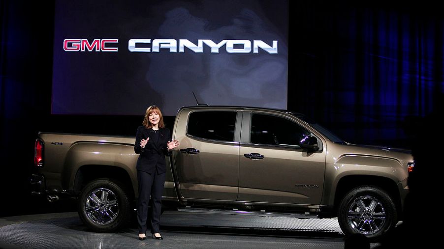 A GMC Canyon being debuted at an auto show