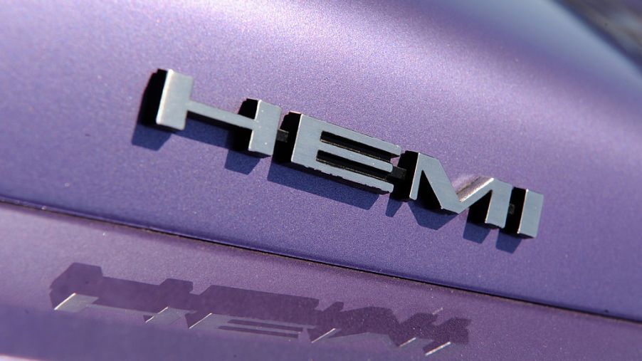 A HEMI logo on the side of a car.