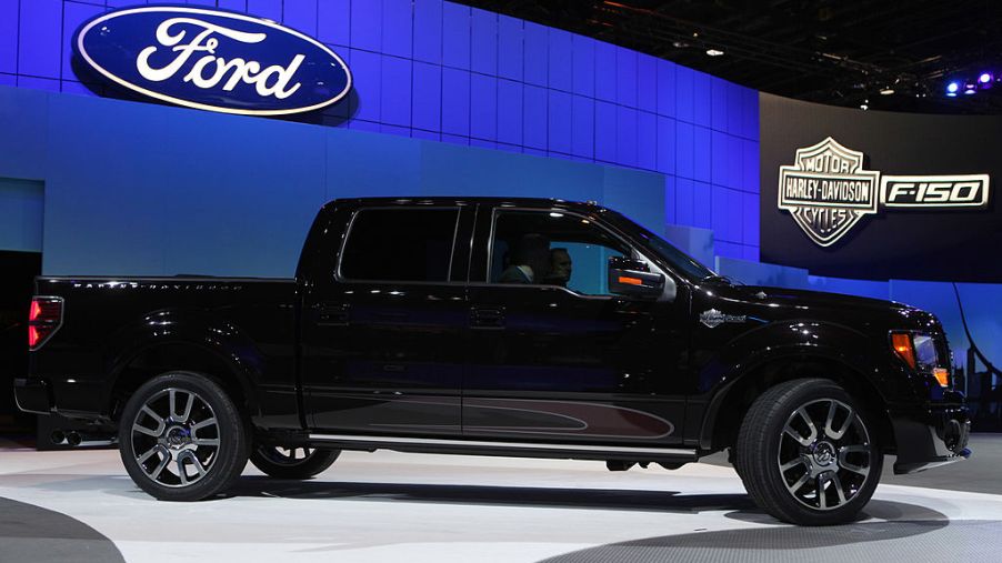 A Harley Davidson Ford F-150 on display at an auto show.