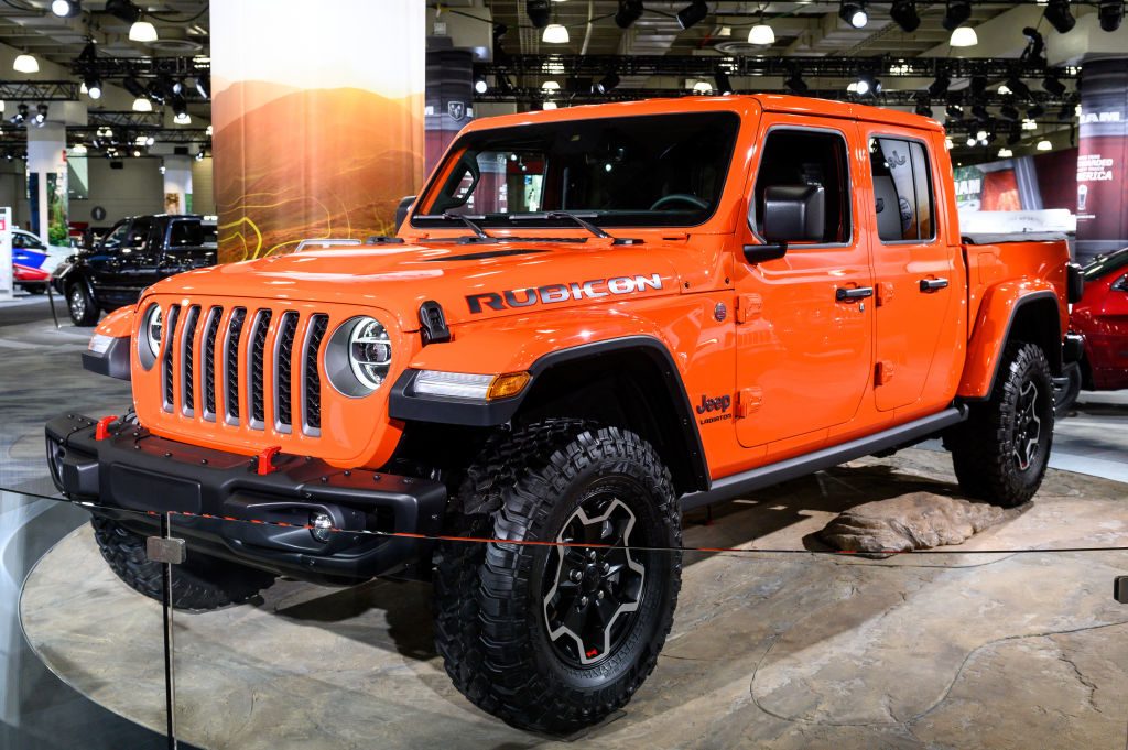 Jeep Gladiator Rubicon in a bright orange color at the New York International Auto Show is a trim with higher pricing