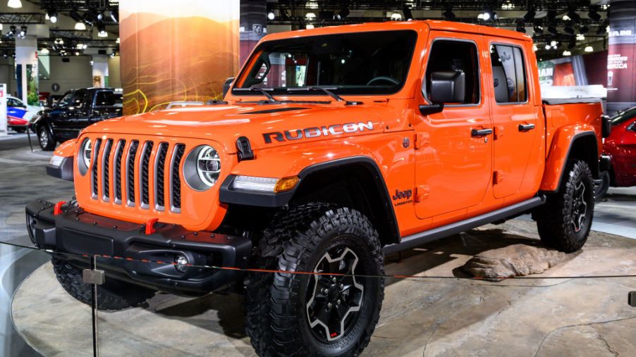 Jeep Gladiator Rubicon in a bright orange color at the New York International Auto Show