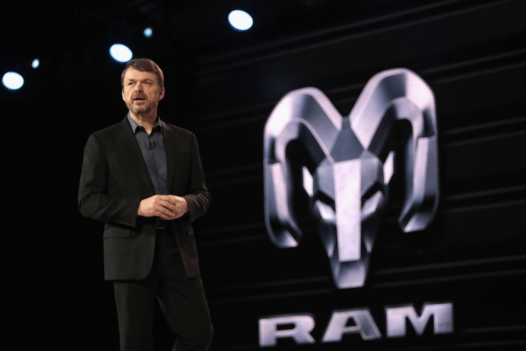A spokesman for Ram talks about the truck at a press event.