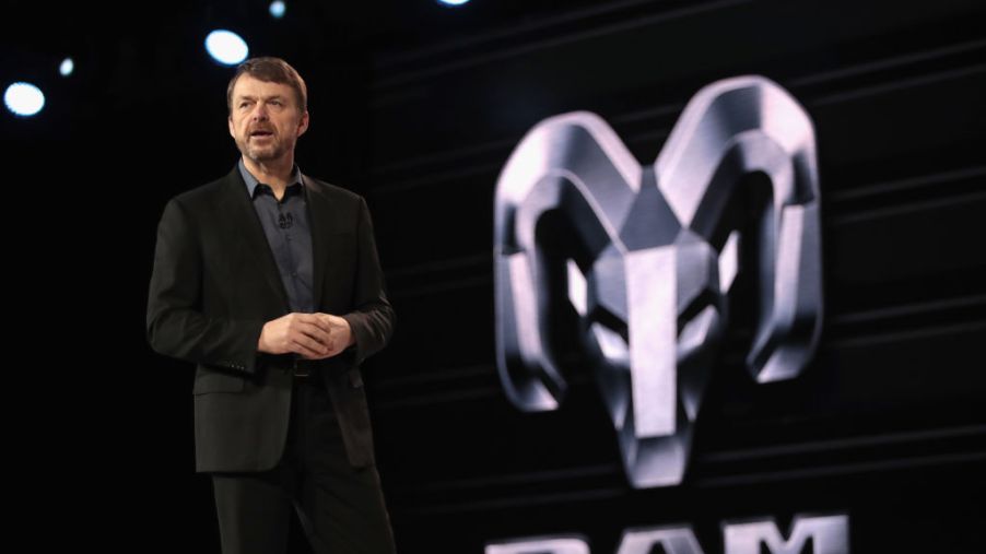 A spokesman for Ram talks about the truck at a press event.