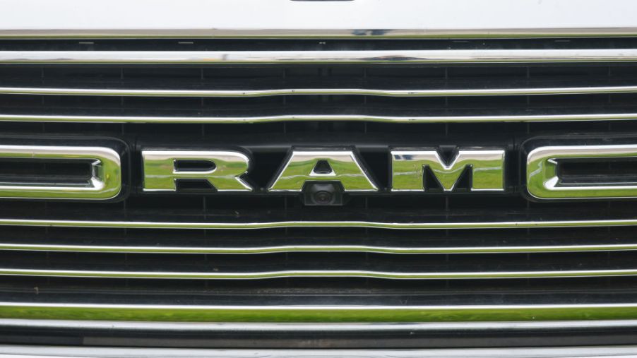 A close up photo of a Ram truck grille