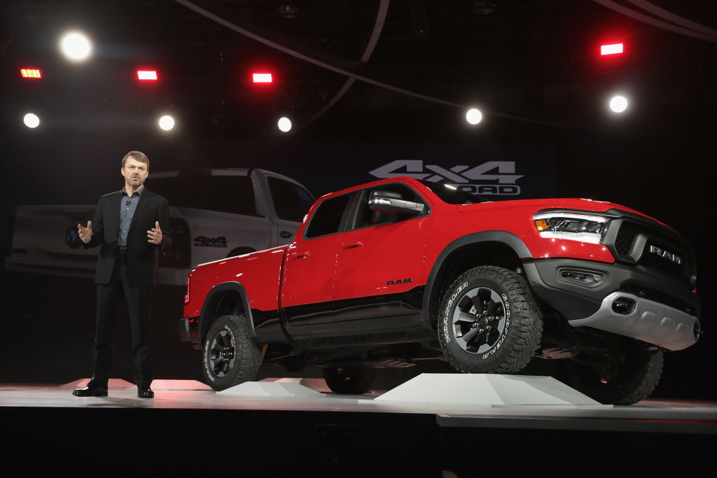 A Ram Rebel truck on display at an auto show.