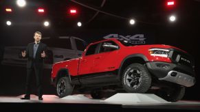 A Ram Rebel truck on display at an auto show.
