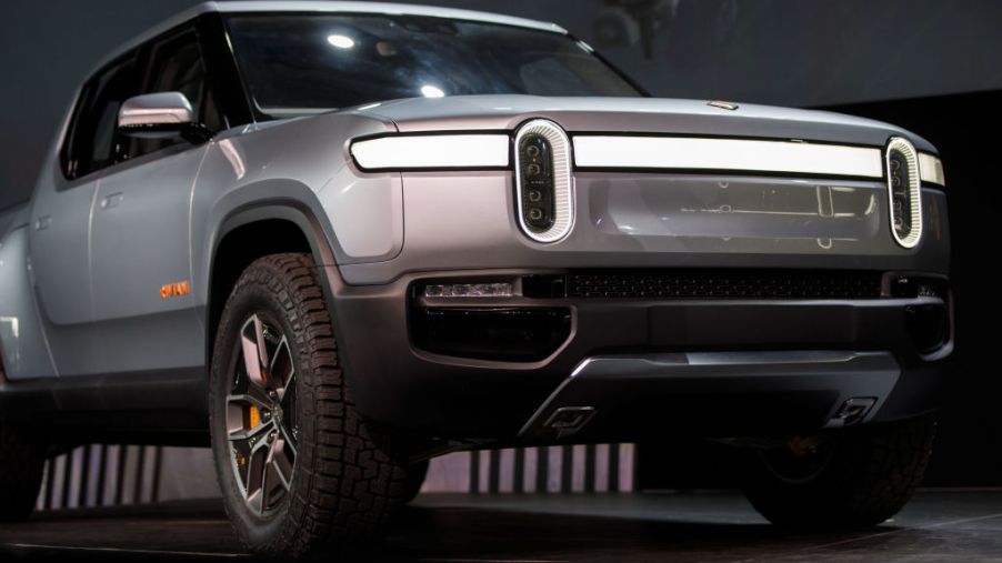 The Rivian Automotive Inc. R1T electric pickup truck on display