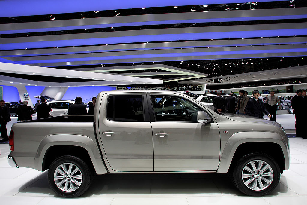 A Volkswagen Amarok on display at an auto show.
