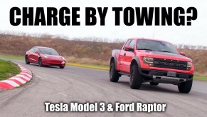 Recharging a Tesla Model 3 by Towing It With a Ford F-150 SVT Raptor