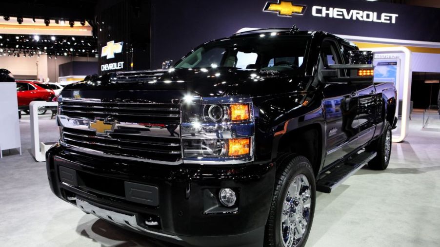 A 2017 Chevy Silverado 1500 on display at an auto show.