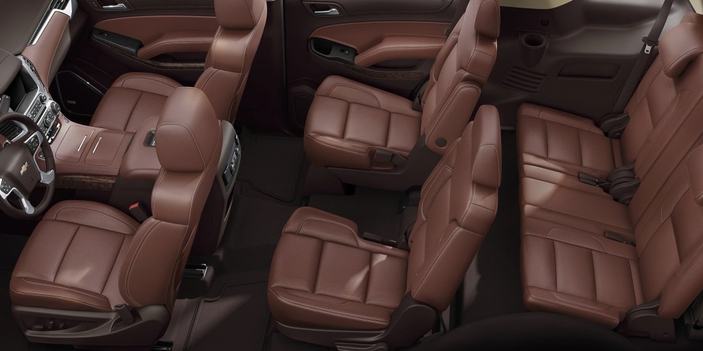 2020 Chevrolet Tahoe interior with brown leather seats.