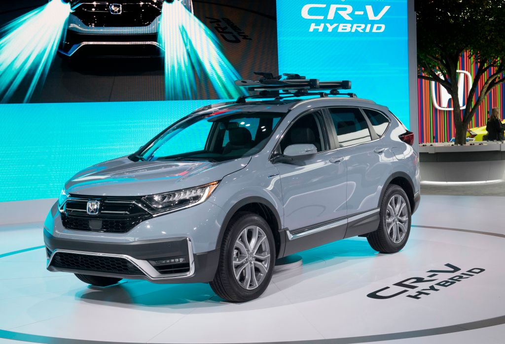 A 2020 Honda CR-V on display at an auto show.