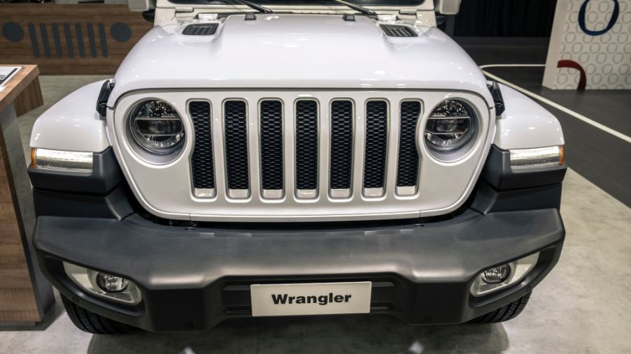 The 2020 Jeep Wrangler on display at an auto show.