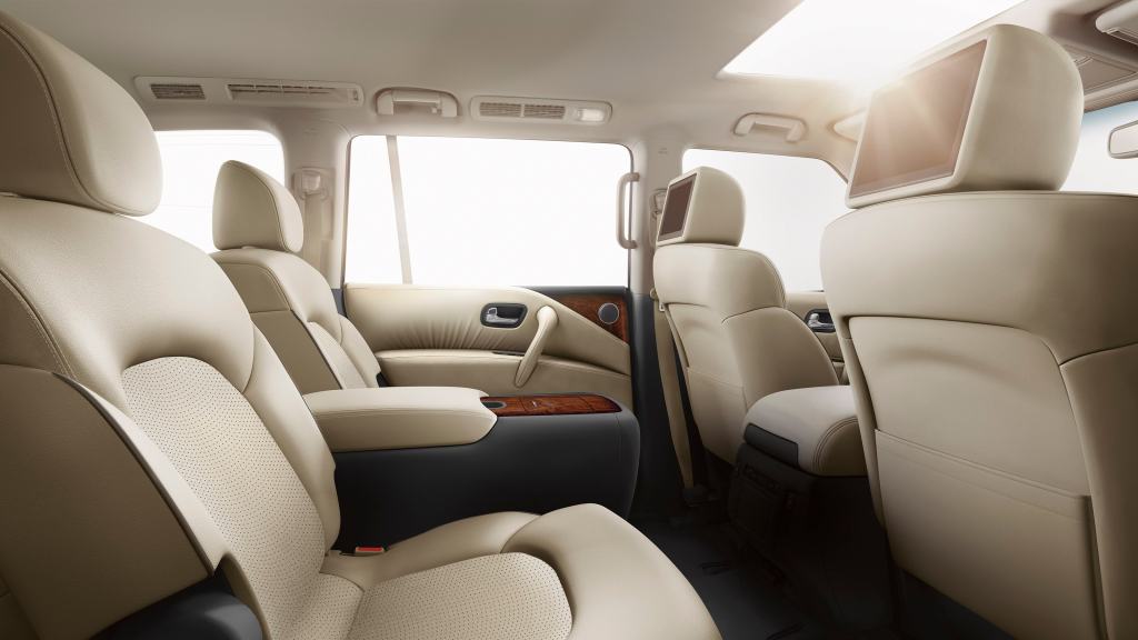 2020 Nissan Armada three-row SUV interior with light tan leather upholstery